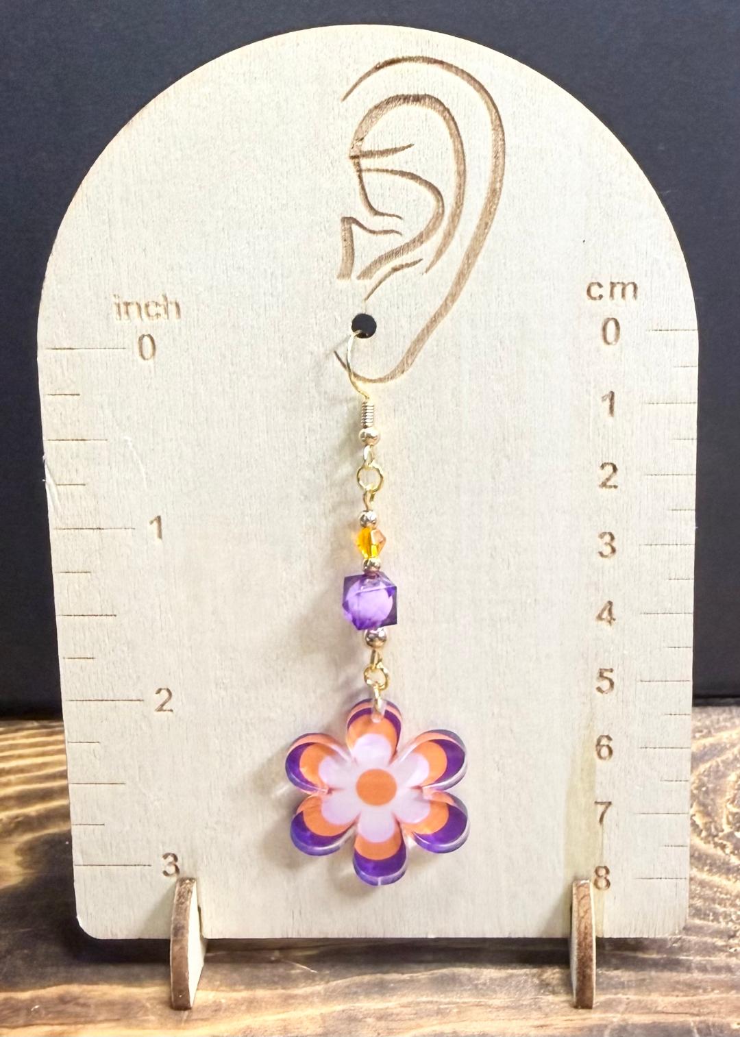NEW Purple & Orange Hippie Flower Acrylic Earrings w/ Beads