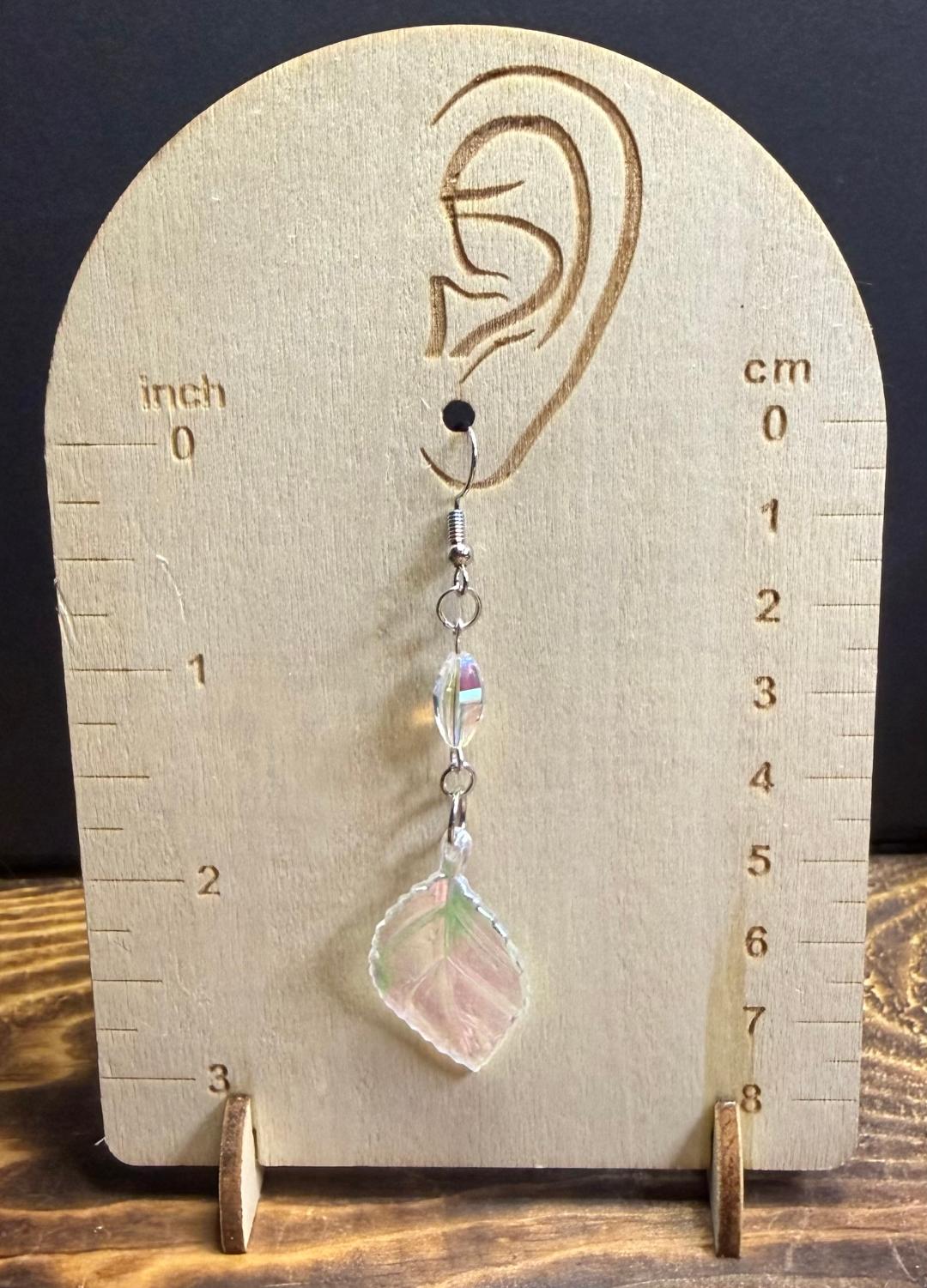 NEW Clear Acrylic Rainbow Shine Leaf Earrings w/ Oval Glass Beads