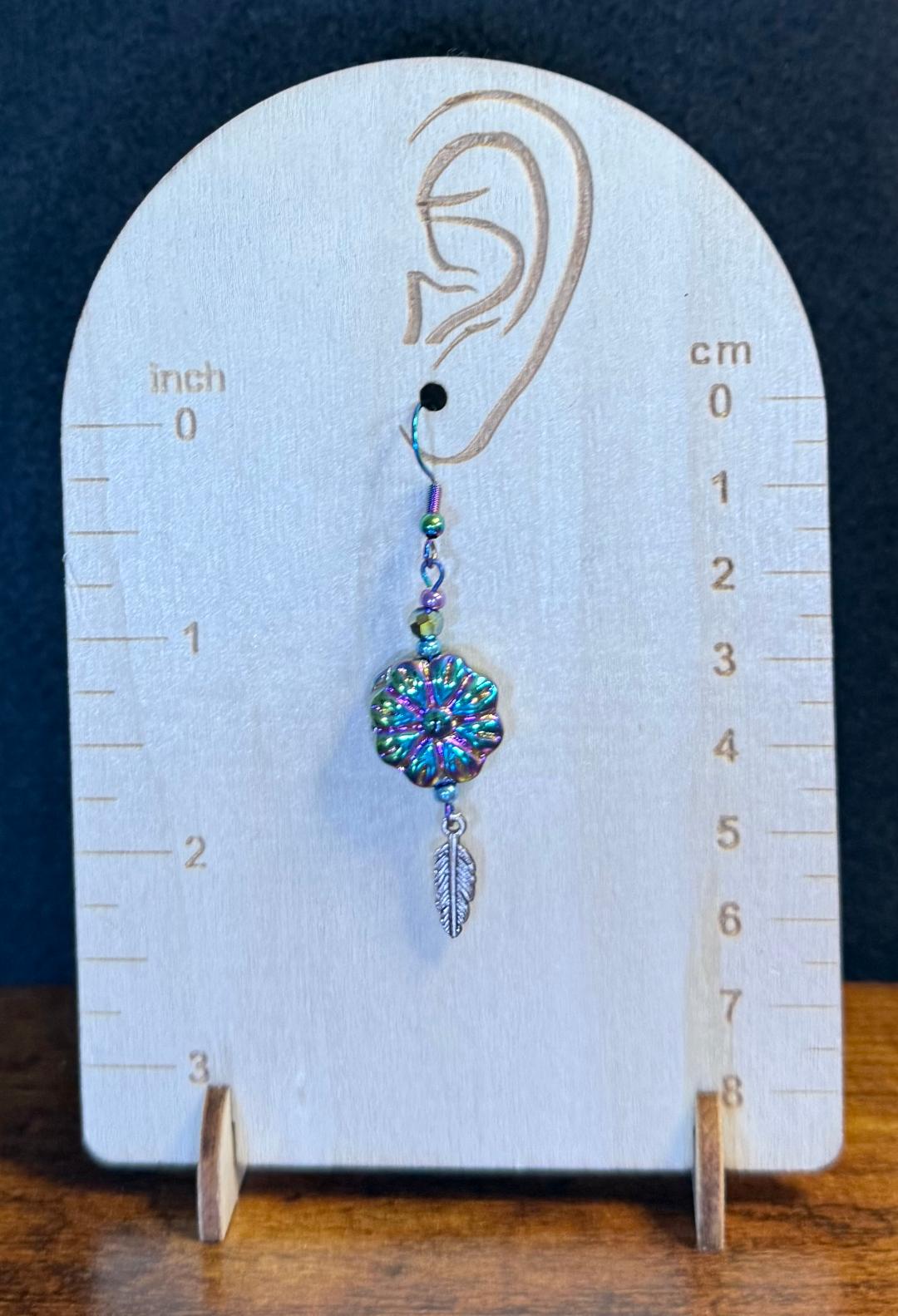 NEW Iridescent Rainbow Flower Earrings w/ Tiny Feather Charm