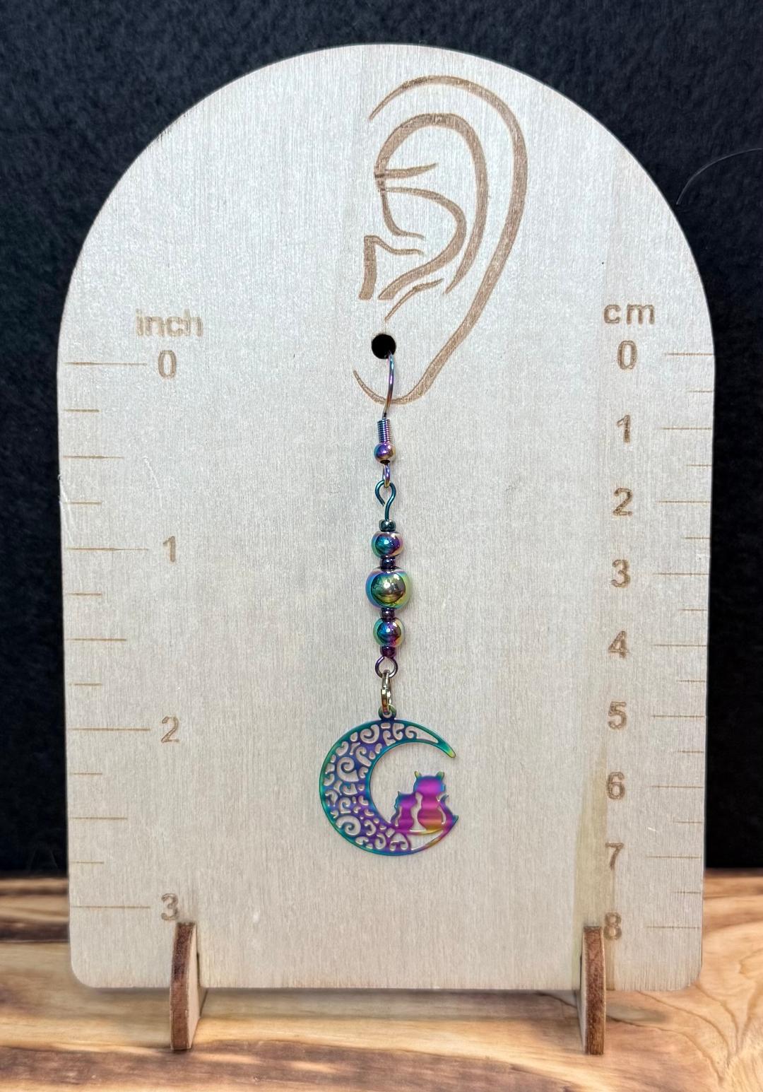 NEW Cat & Kitten Hollow Cut Rainbow Iridescent Charm Earrings w/ Beads