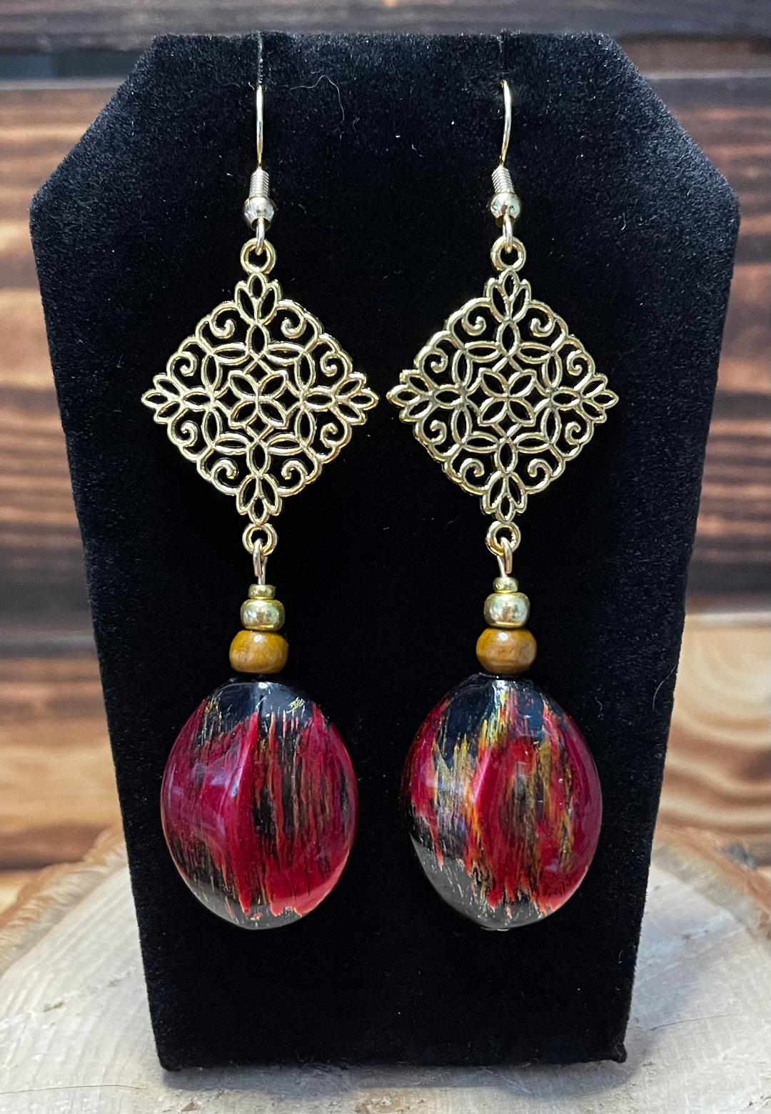 NEW Ruby Red Faux Gemstone & Filigree Earrings