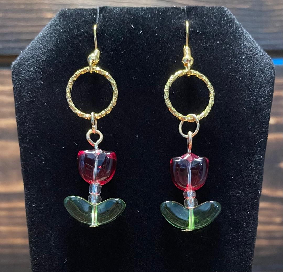NEW Red Glass Tulip Charm Earrings w/ Embossed Gold Jump Ring