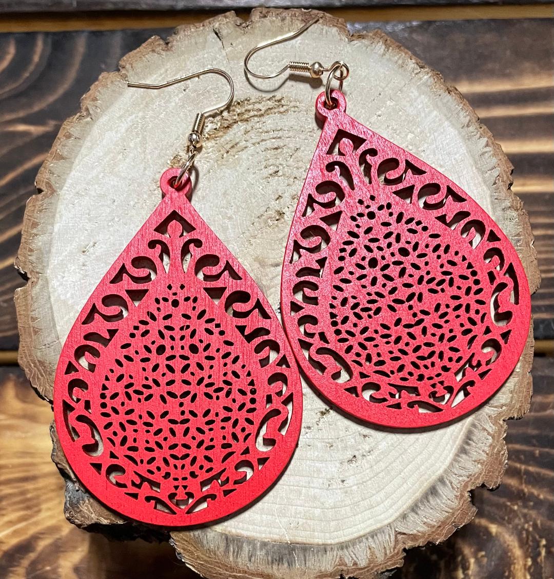 NEW Carved Wooden Hollow Red Teardrop Earrings