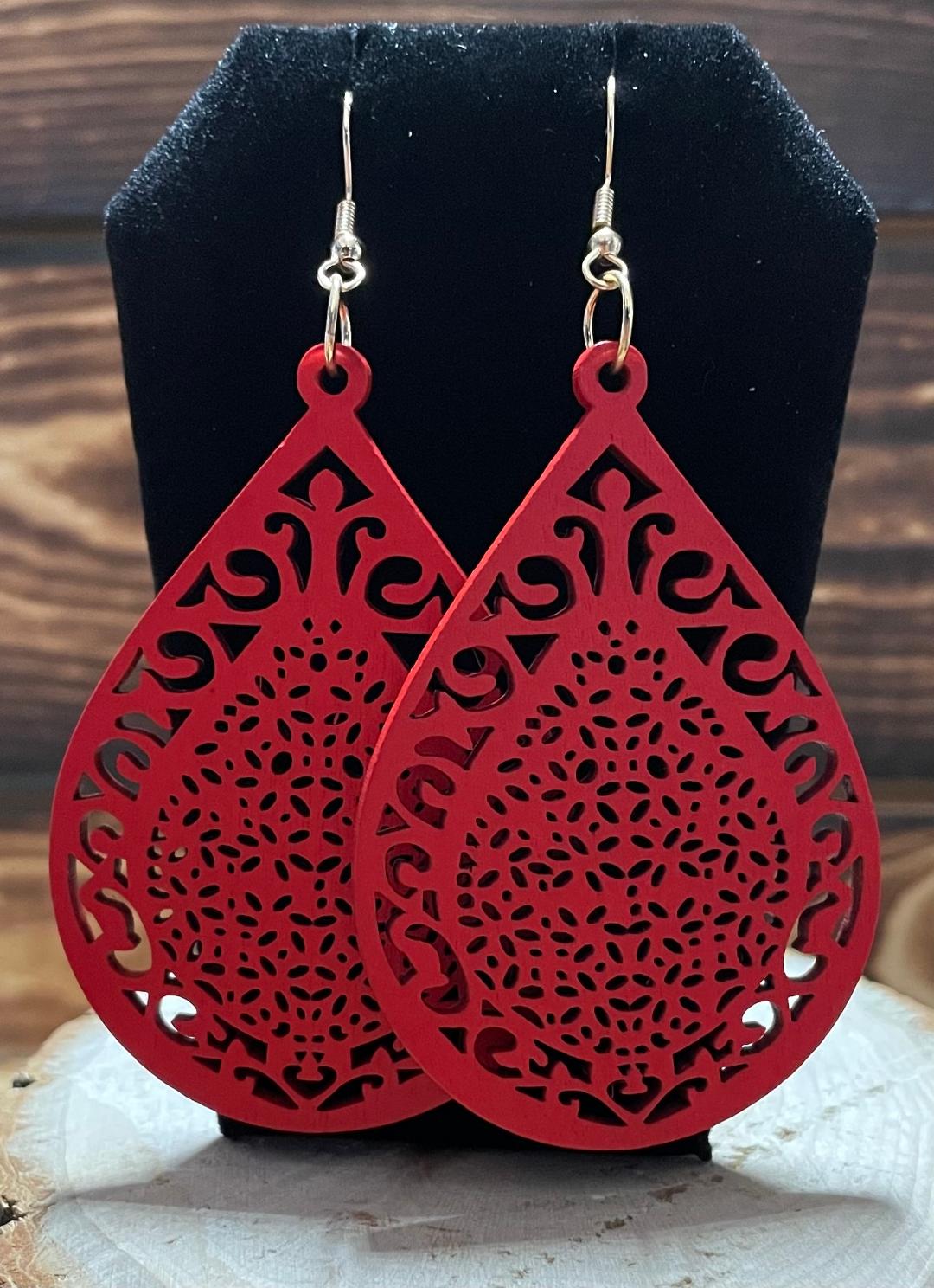 NEW Carved Wooden Hollow Red Teardrop Earrings