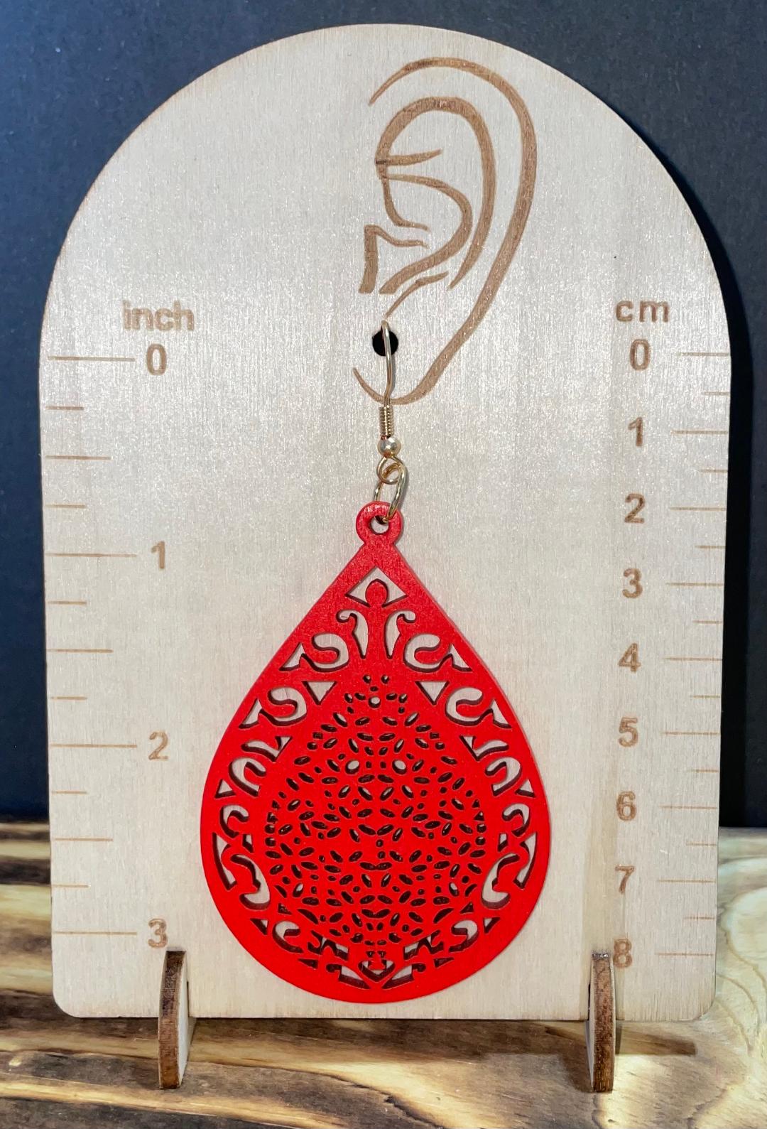 NEW Carved Wooden Hollow Red Teardrop Earrings