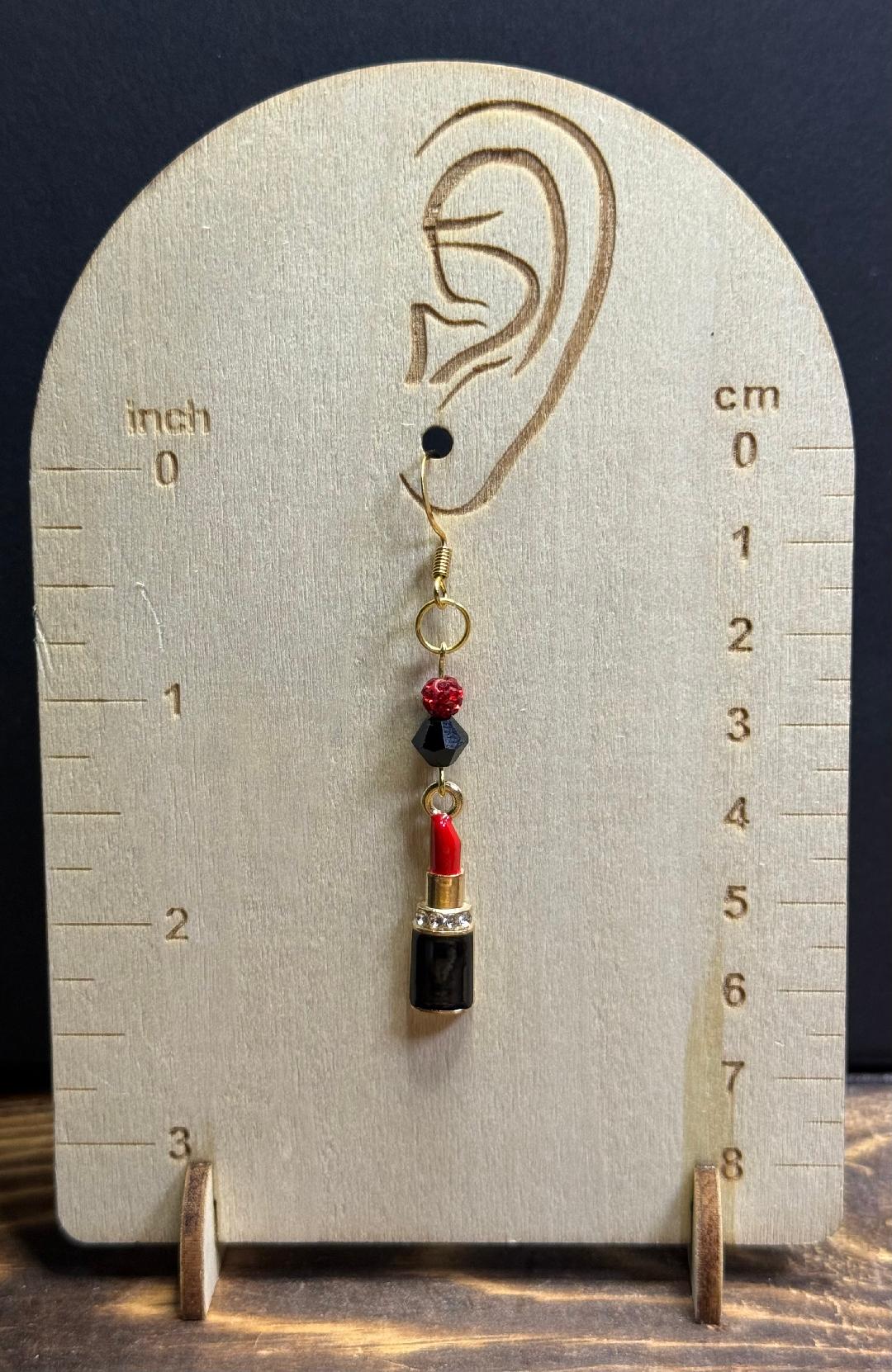 NEW Red Lipstick Charm Earrings w/ Red Rhinestones & Glass Beads