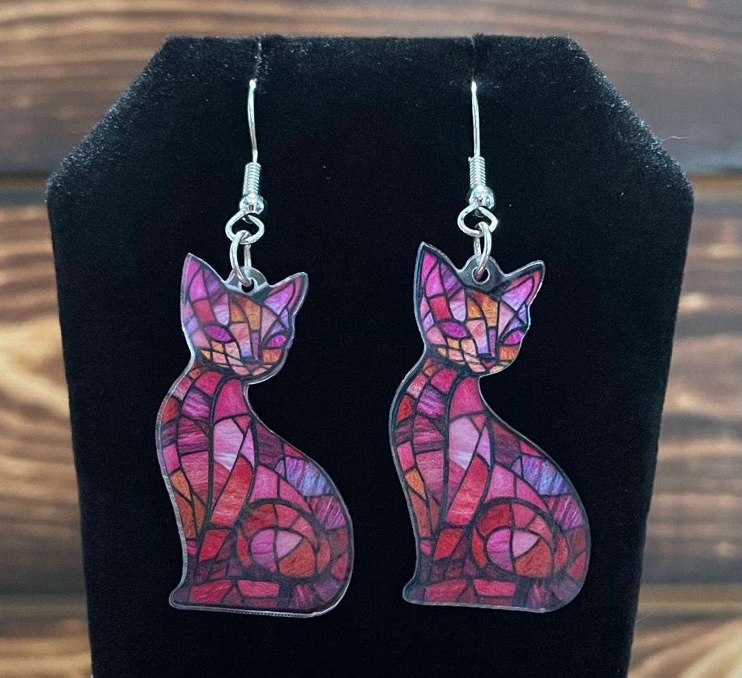 NEW Stained Glass Style Acrylic Red Cat Earrings