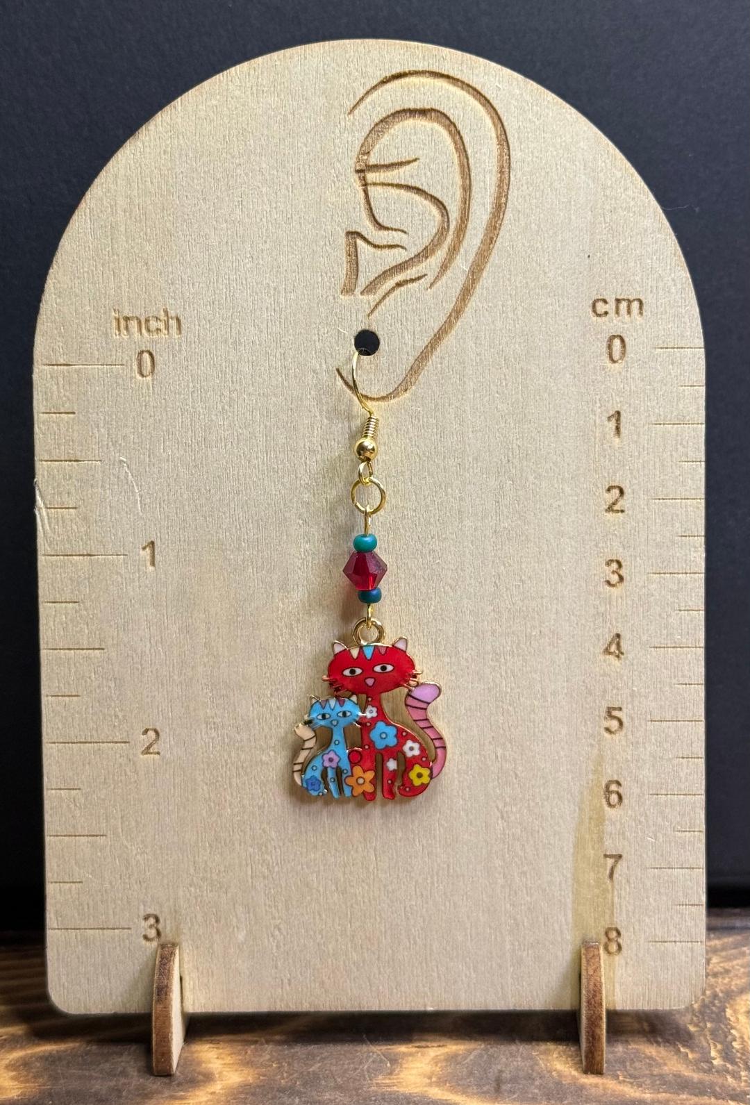 NEW Floral Enamel Cat with Kitten Earrings in Red & Teal w/ Glass Beads