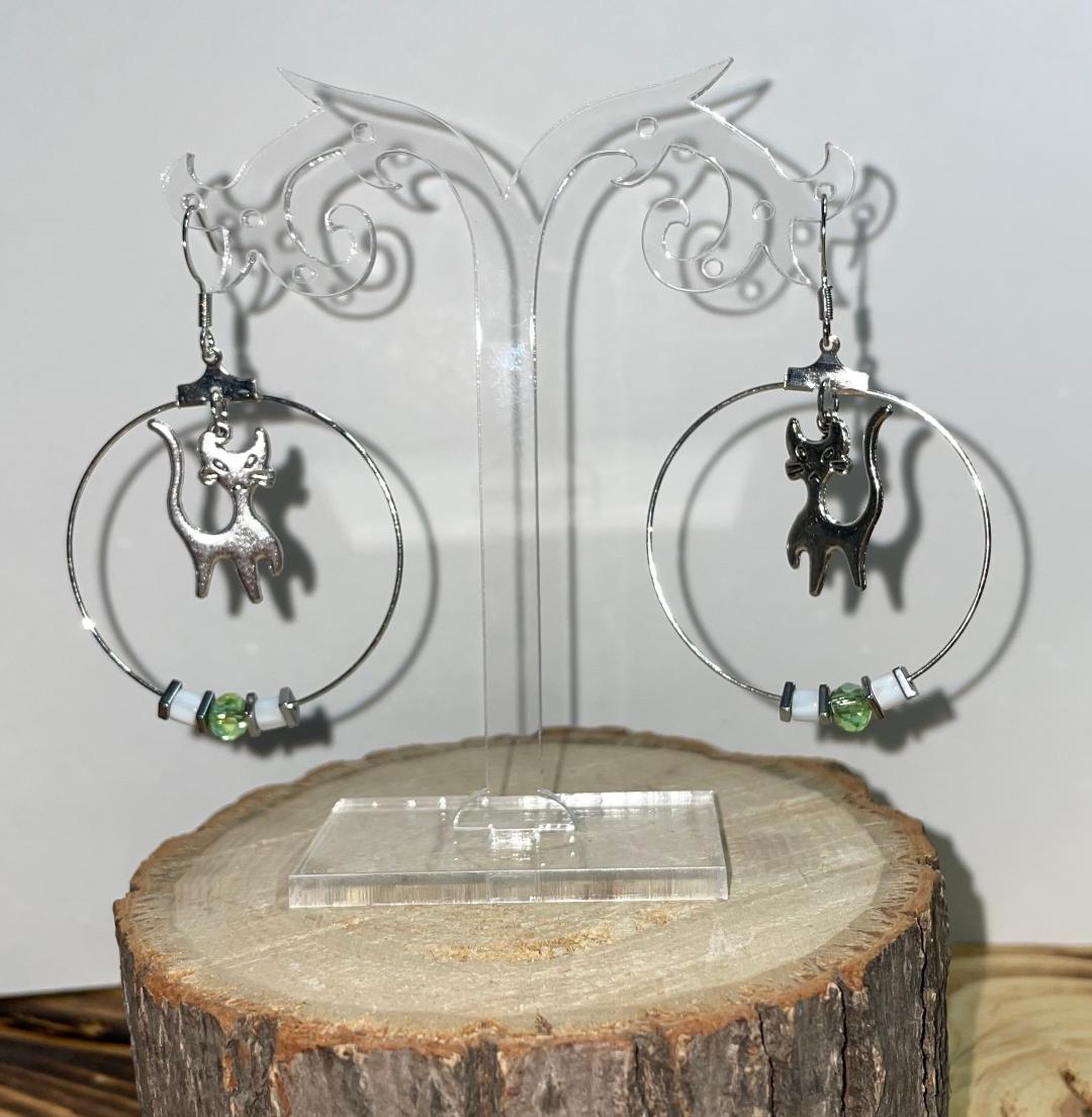 NEW Silver Tone Hoop Earrings w/ Retro Cat & Beads