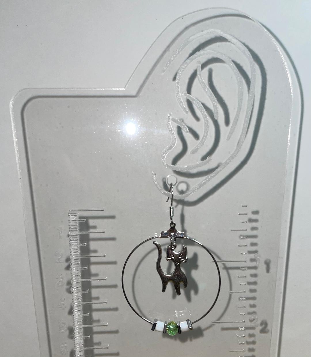 NEW Silver Tone Hoop Earrings w/ Retro Cat & Beads