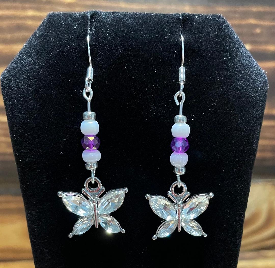 NEW Clear Rhinestone Butterfly Earrings w/ Hot Pink & White Beads