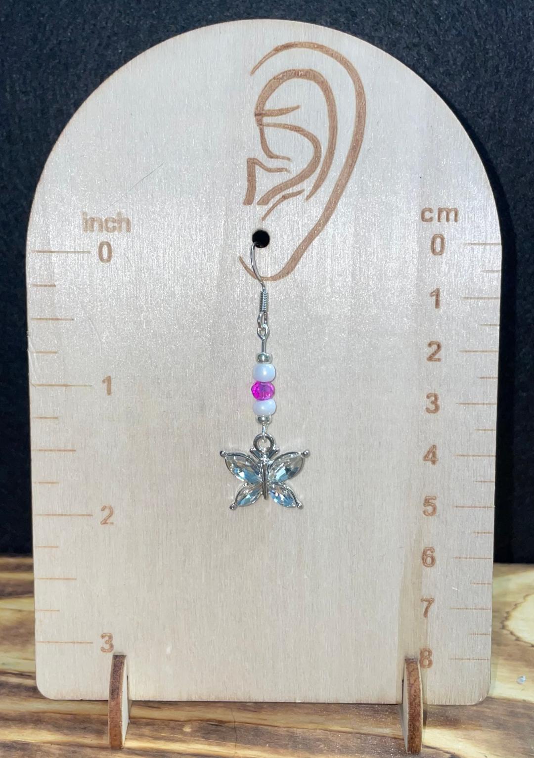 NEW Clear Rhinestone Butterfly Earrings w/ Hot Pink & White Beads