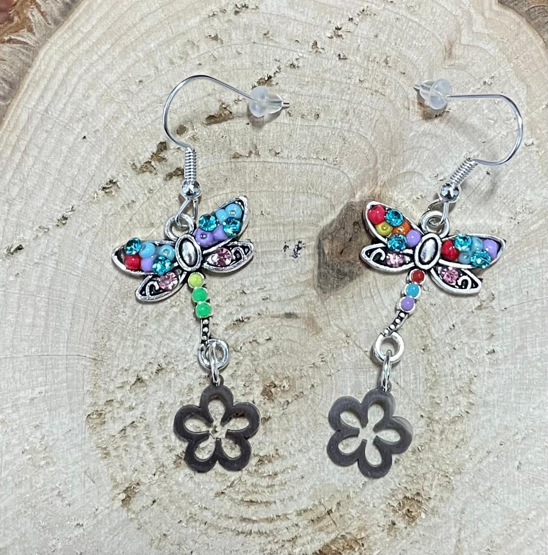 NEW Dainty Alloy Beaded Rhinestone Dragonfly & Flower Earrings