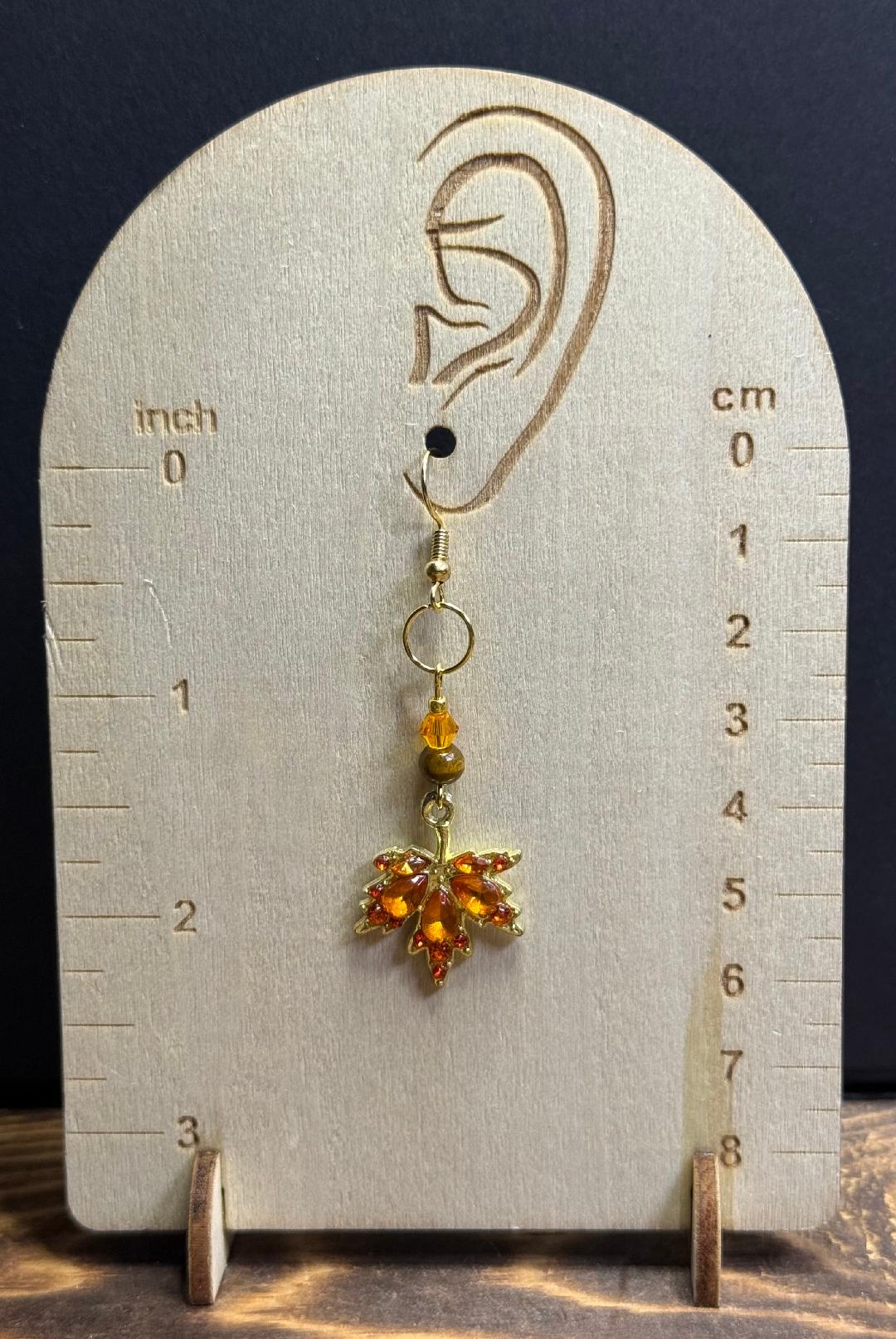 NEW Amber Rhinestone Maple Leaf Earrings w/ Wooden Beads