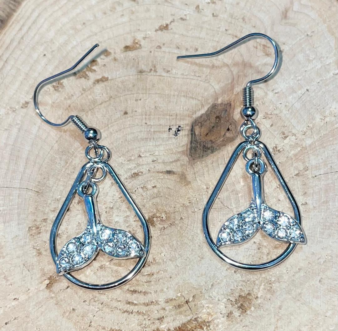 NEW Rhinestone Mermaid Fish Tail Earrings w/ Teardrop Hoop