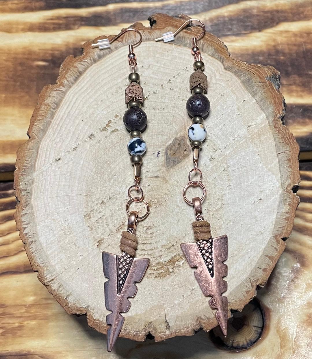 NEW Rose Gold Arrowhead Earrings w/ Granite & Lava Stone Beads