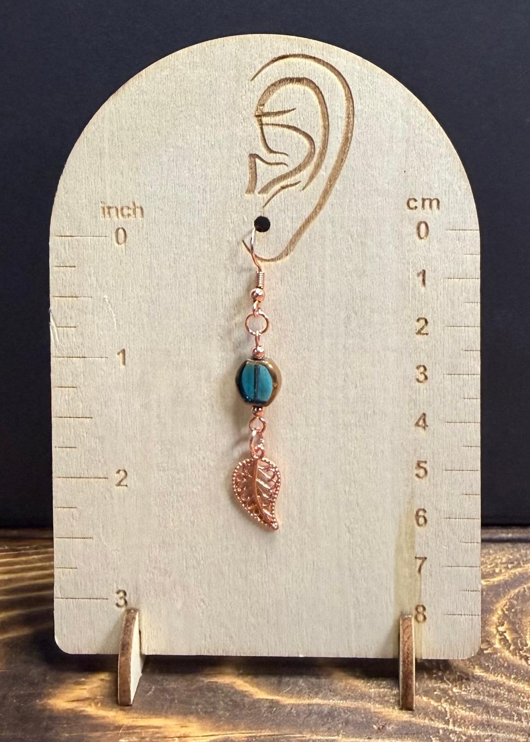NEW Rose Gold Filigree Leaf Earrings w/ Teal Blue Glass Beads