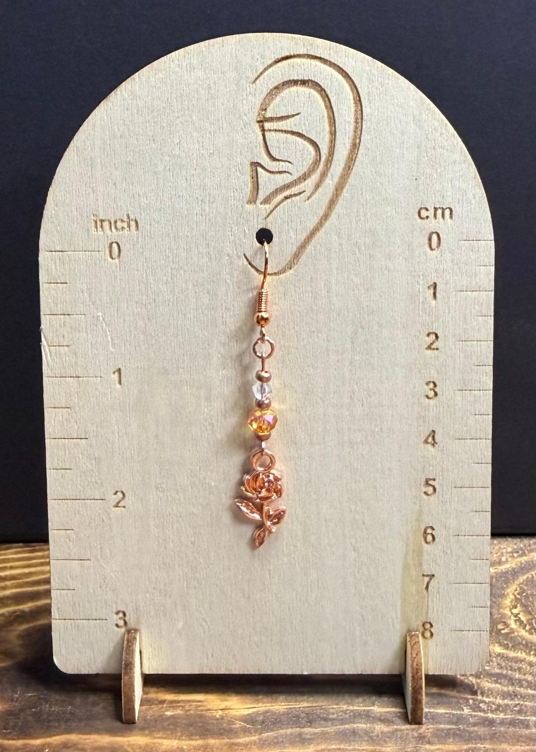 NEW Rose Gold Flower Earrings w/ Amber & Clear Glass Beads