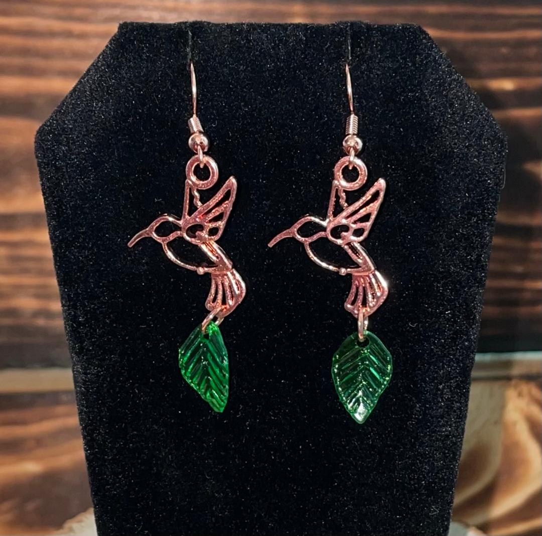 NEW Rose Gold Hummingbird Green Leaf Drop Dangle Earrings