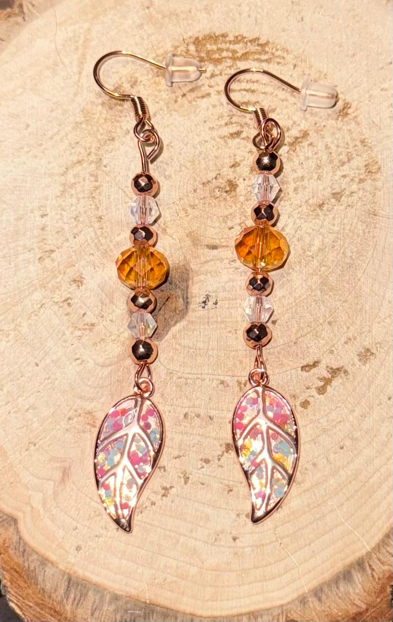 NEW Vibrant Boho Rose Gold Leaf Charm & Faceted Bead Earrings