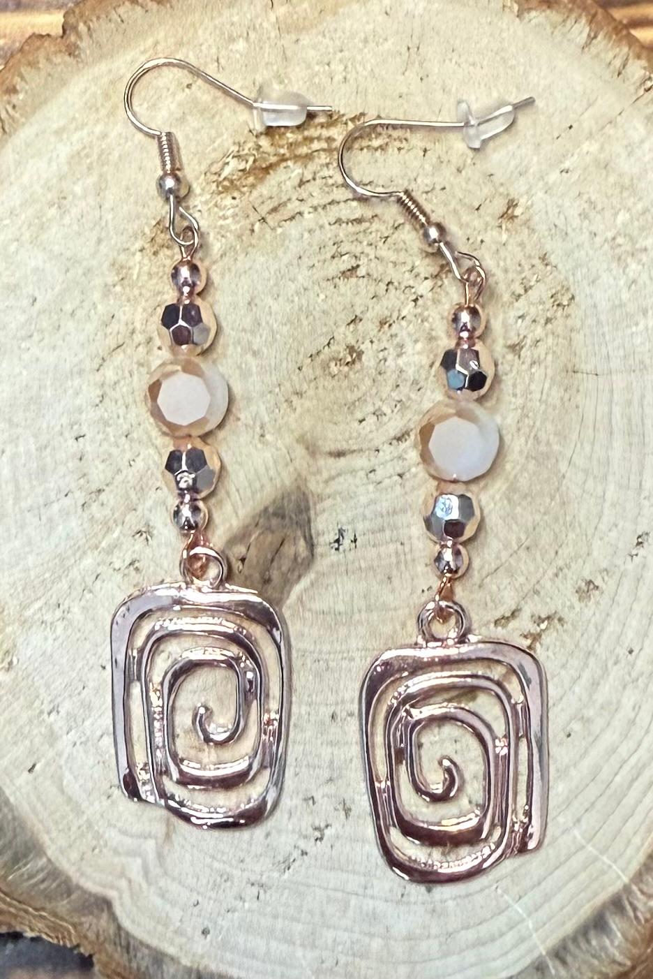 NEW Rose Gold Swirl Charm & Beige Glass Bead Earrings