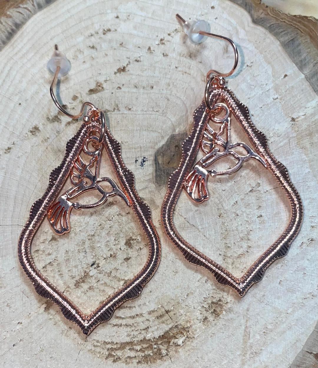 NEW Rose Gold Triangle Drop Earrings w/ Hummingbird Charm