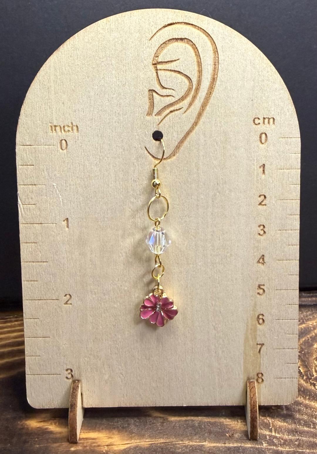 NEW Rose Pink Enamel Flower Earrings w/ Rhinestones & Glass Beads