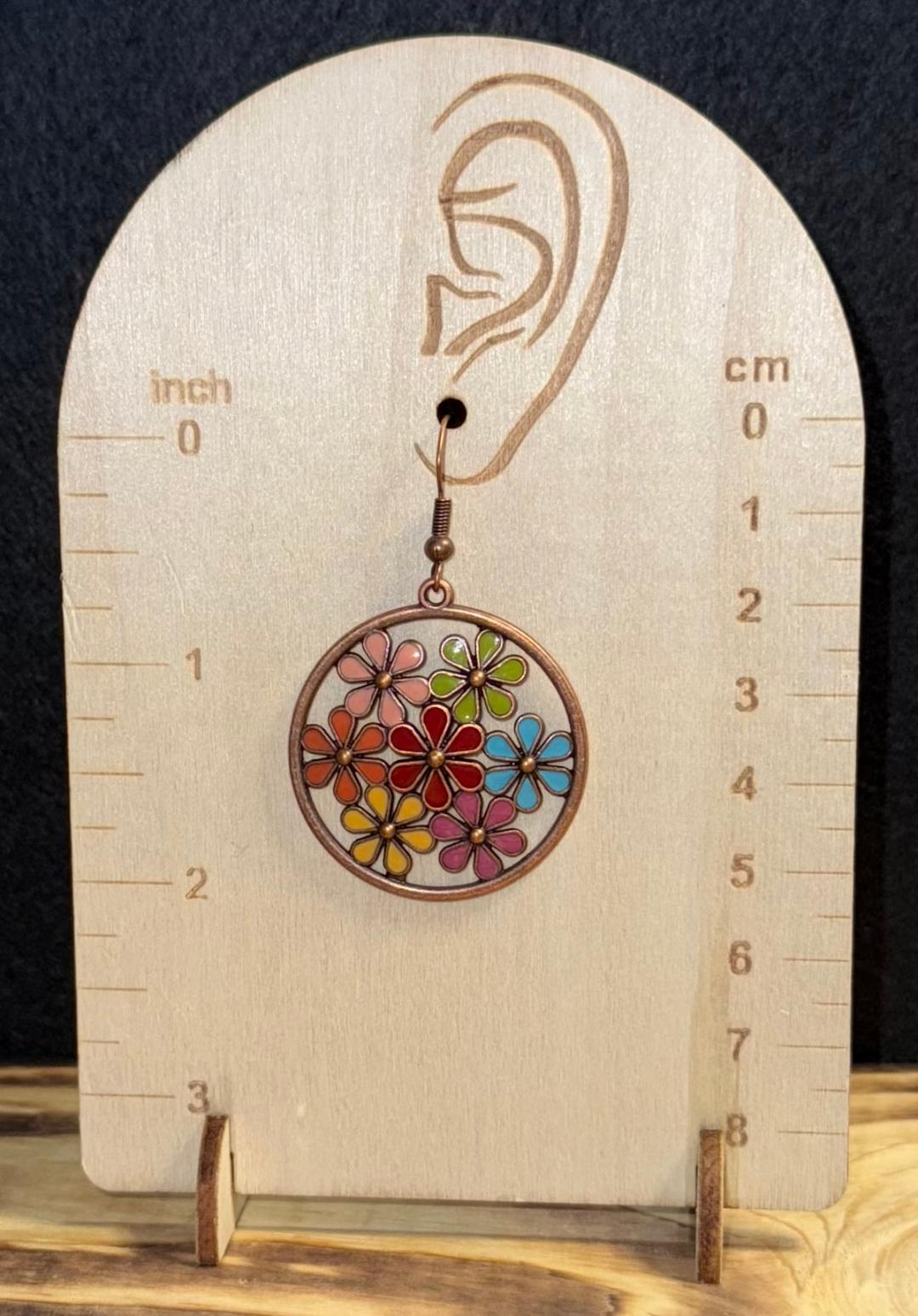 NEW Boho Hippie Brass Hoop w/ Multicolor Enamel Flower Earrings