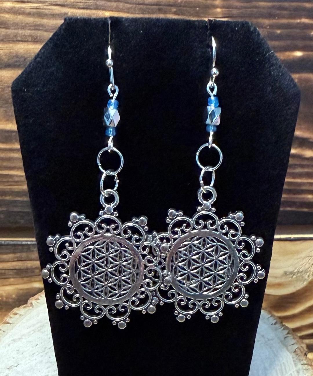 NEW Round Mandala Alloy Charms w/ Silver & Blue Bead Earrings