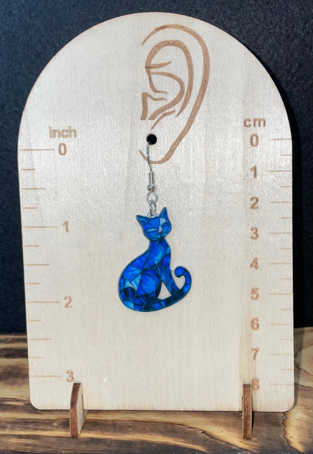 NEW Vibrant Royal Blue Stained Glass Style Boho Acrylic Cat Kitten Earrings