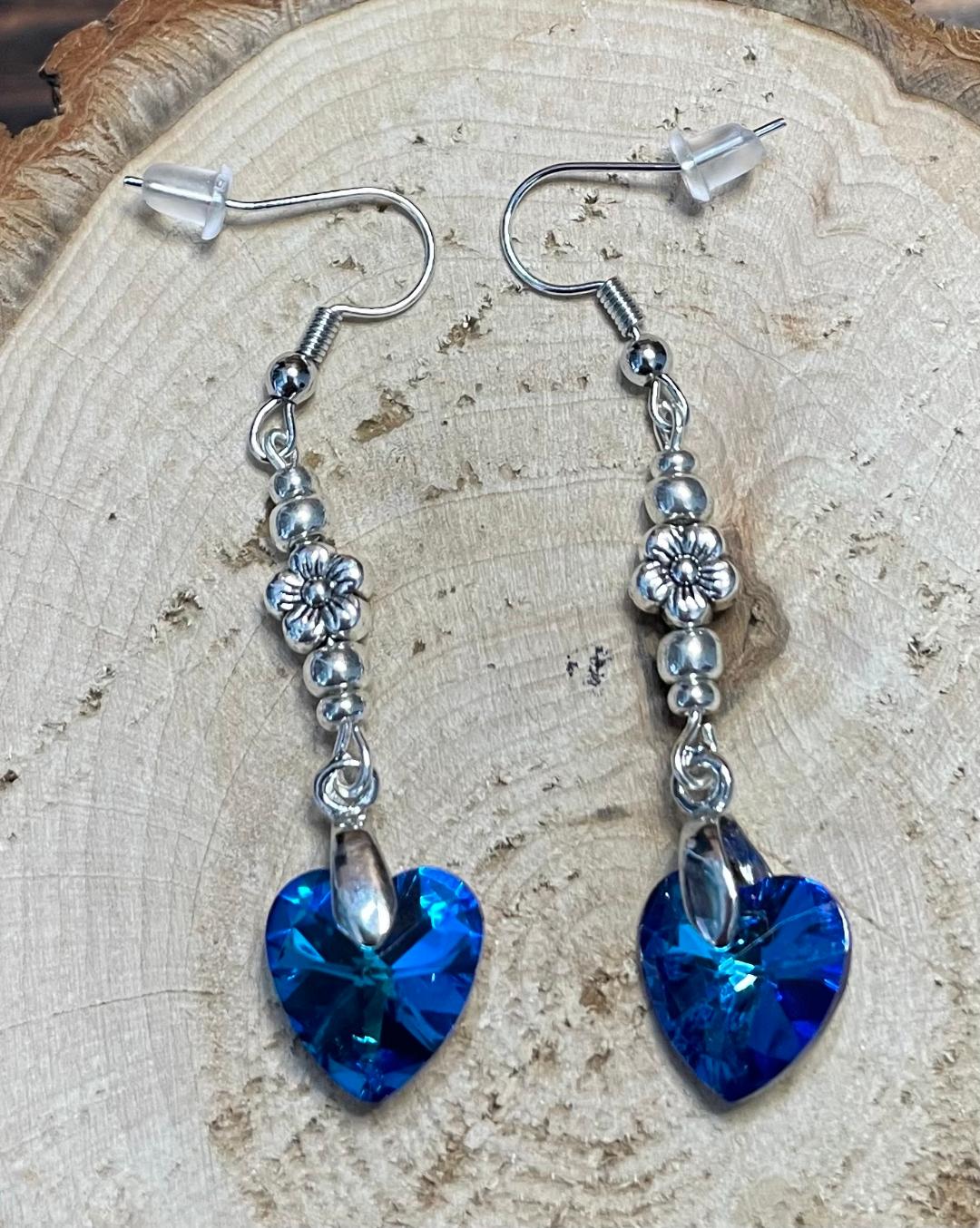 NEW Lustrous Royal Blue Rhinestone Heart Dangle Earrings