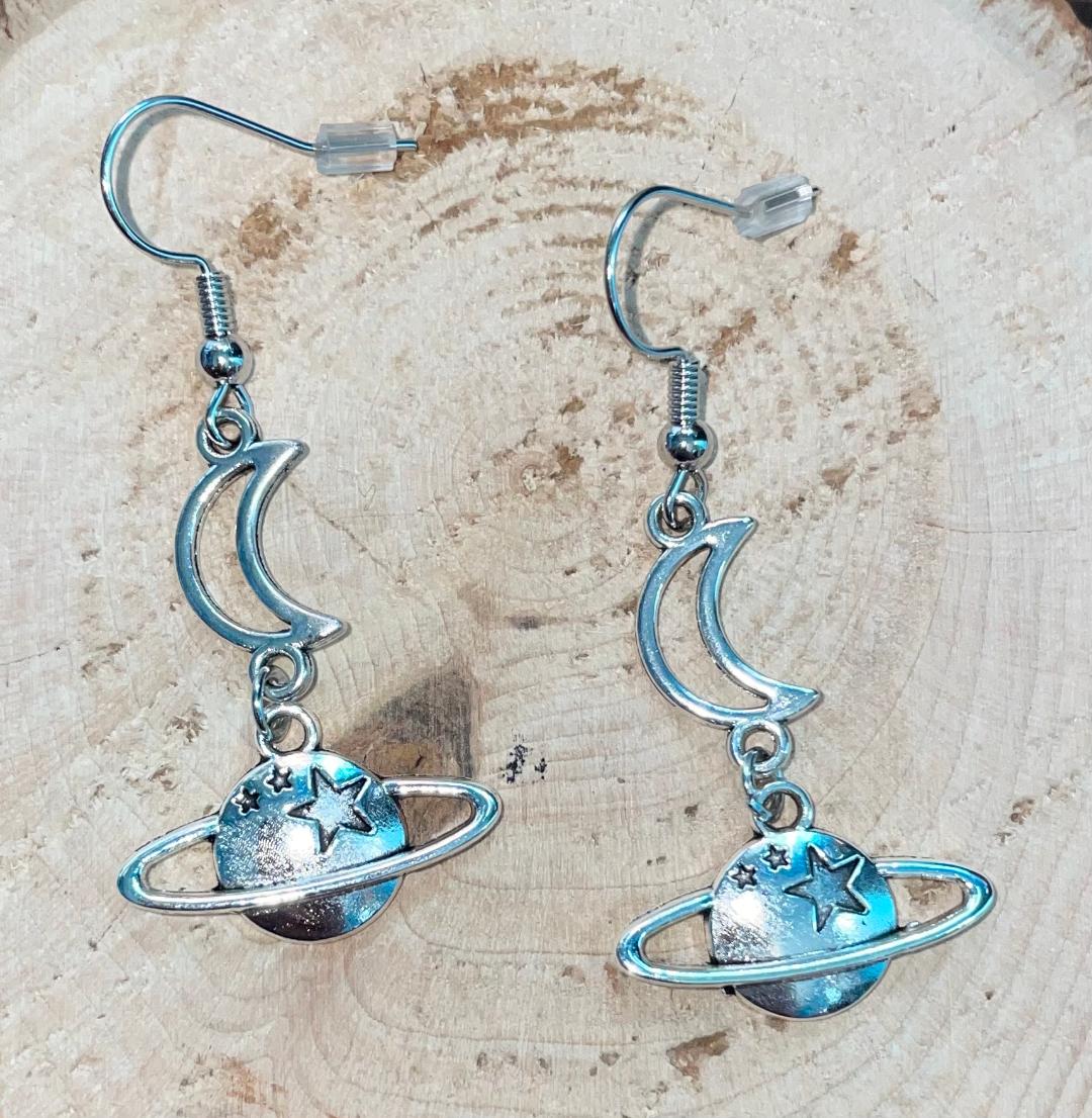 NEW Saturn Planet Moon Drop Dangle Earrings