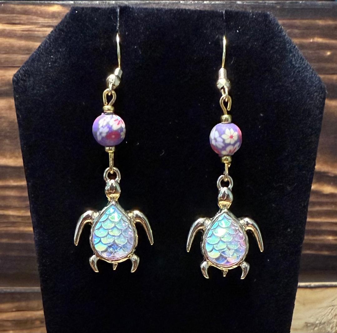 NEW Iridescent Turtle & Purple Floral Bead Earrings
