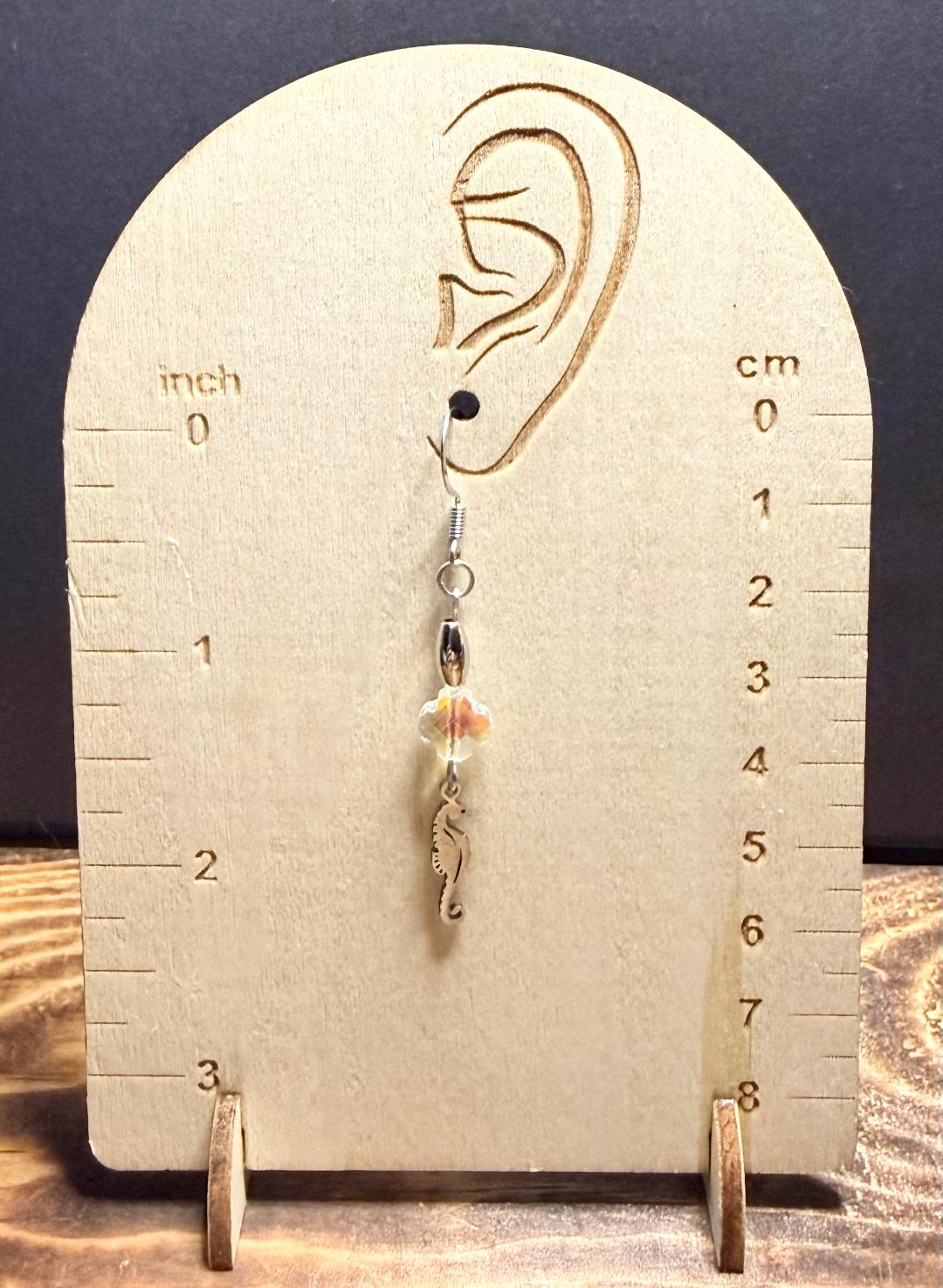 NEW Stainless Steel Seahorse Charm Earrings w/ Quatrefoil Leaf Glass Beads