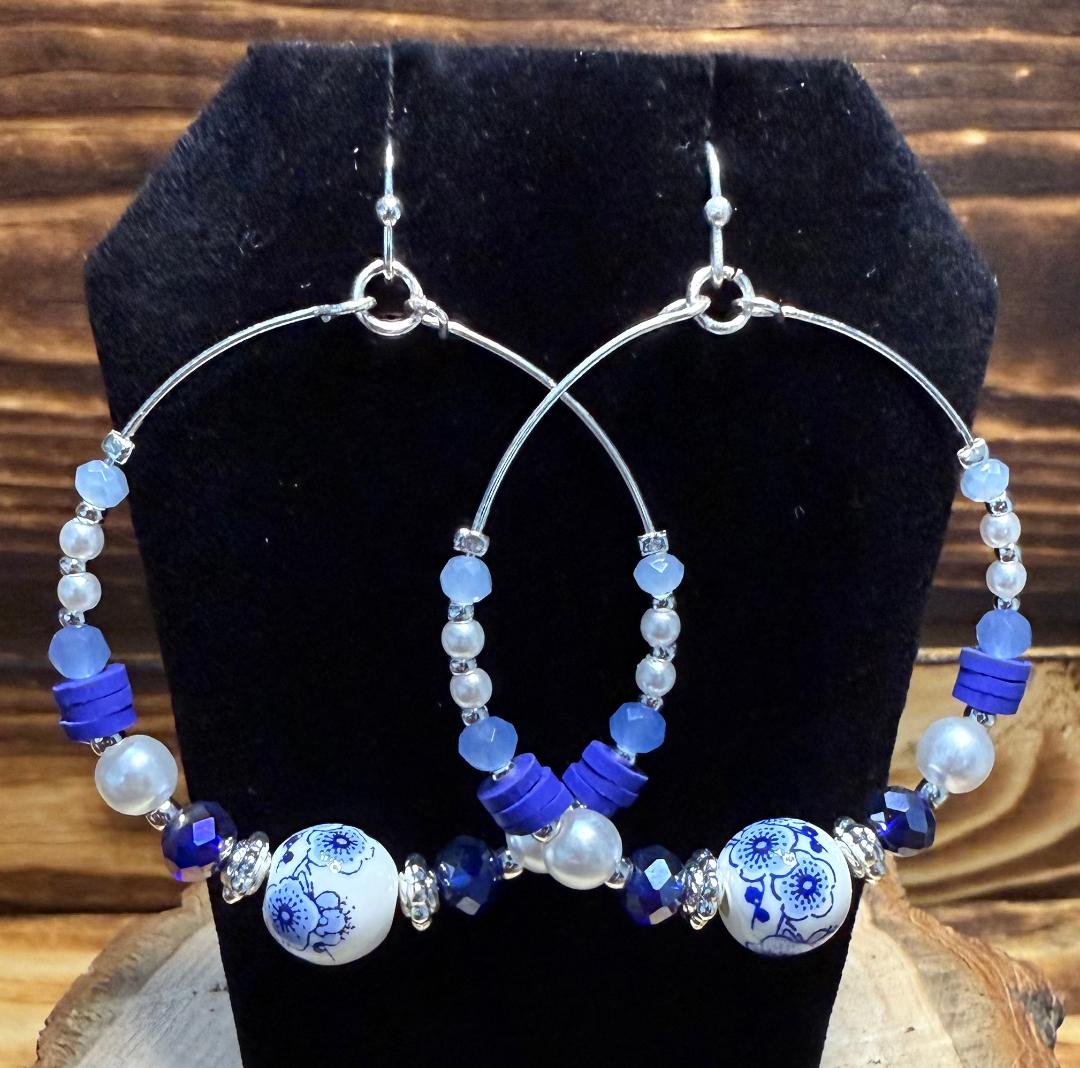 NEW Boho Shabby Chic Hoop Earrings w/ Blue & Floral Beads