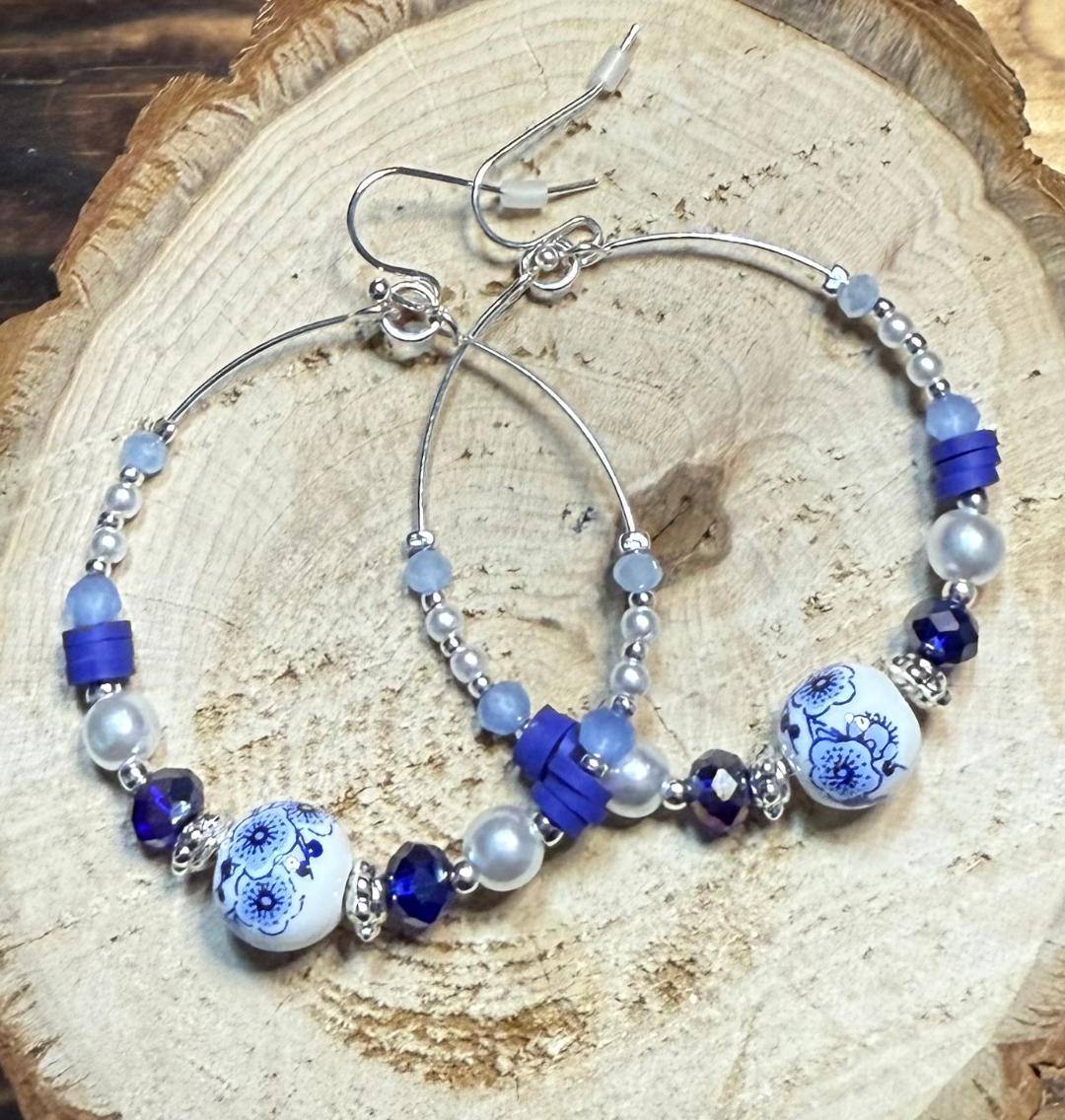 NEW Boho Shabby Chic Hoop Earrings w/ Blue & Floral Beads