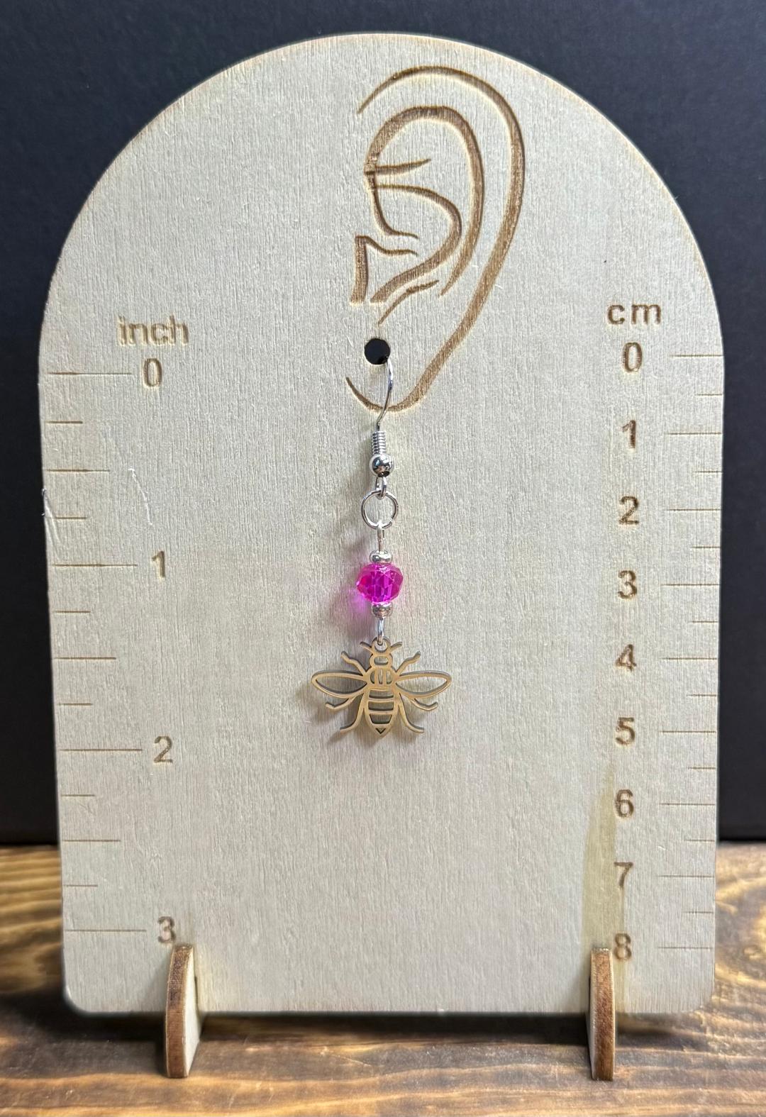 NEW Silver Stainless Steel Hollow Bee Charm Earrings w/ Hot Pink Bead