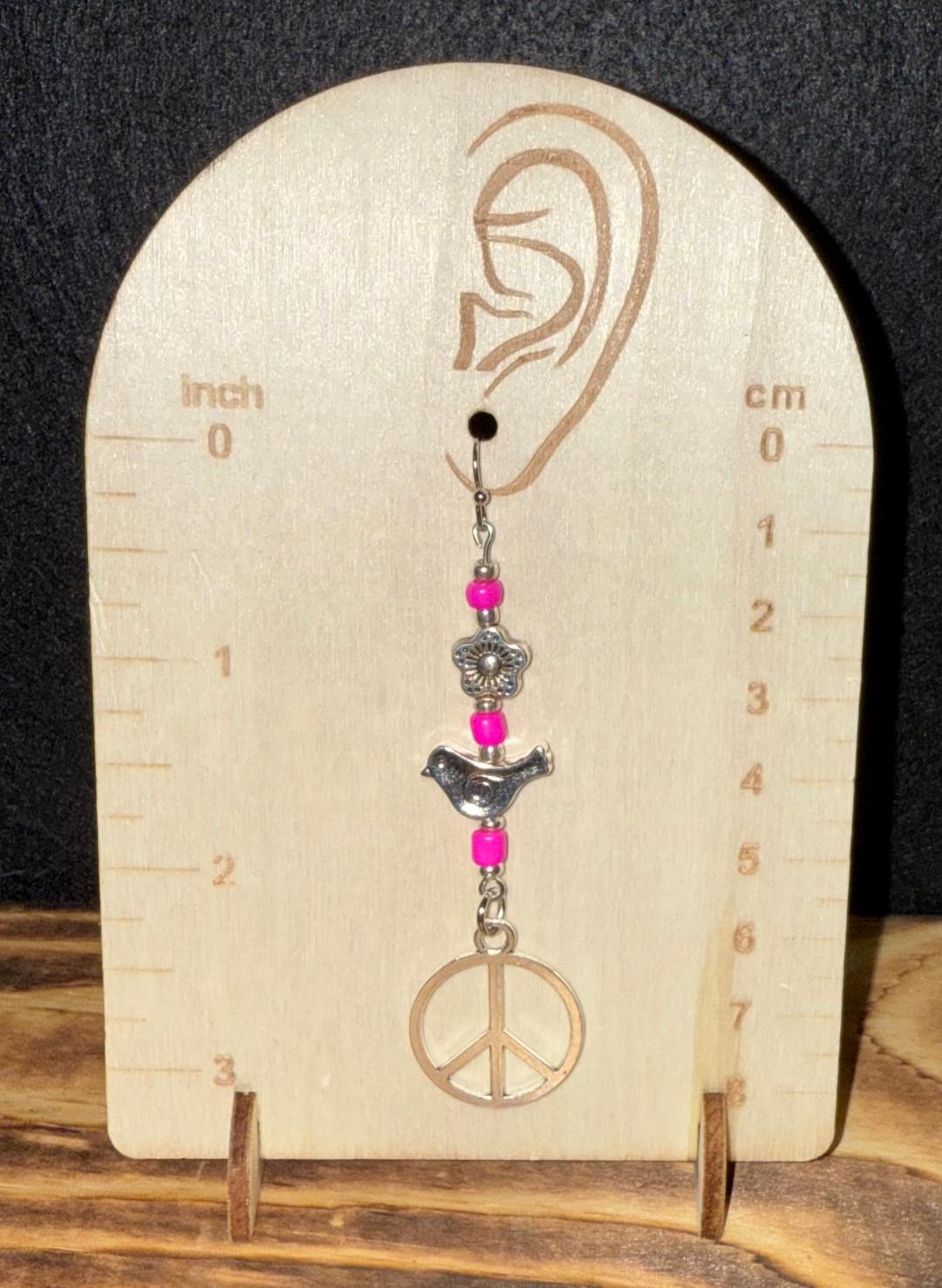 NEW Hippie Peace Sign / Hot Pink Beads / Silver Bird & Flower Earrings