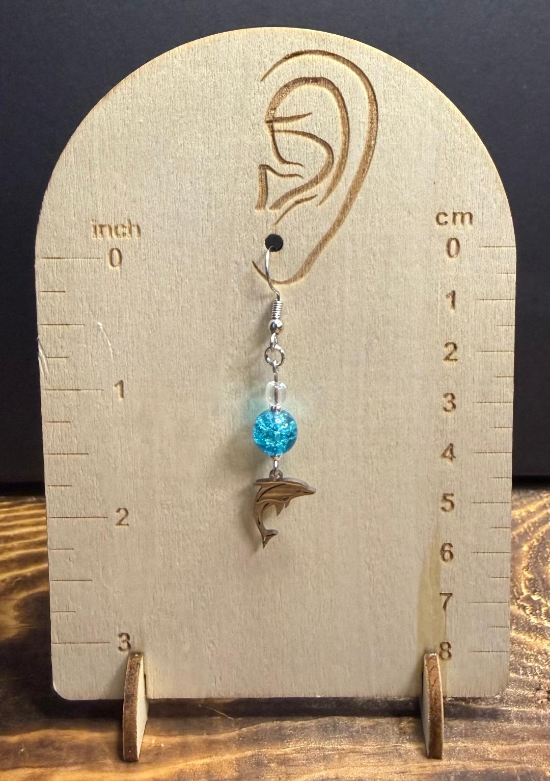 NEW Silver Stainless Steel Dolphin Charm Earrings w/ Aqua Blue Glass Beads