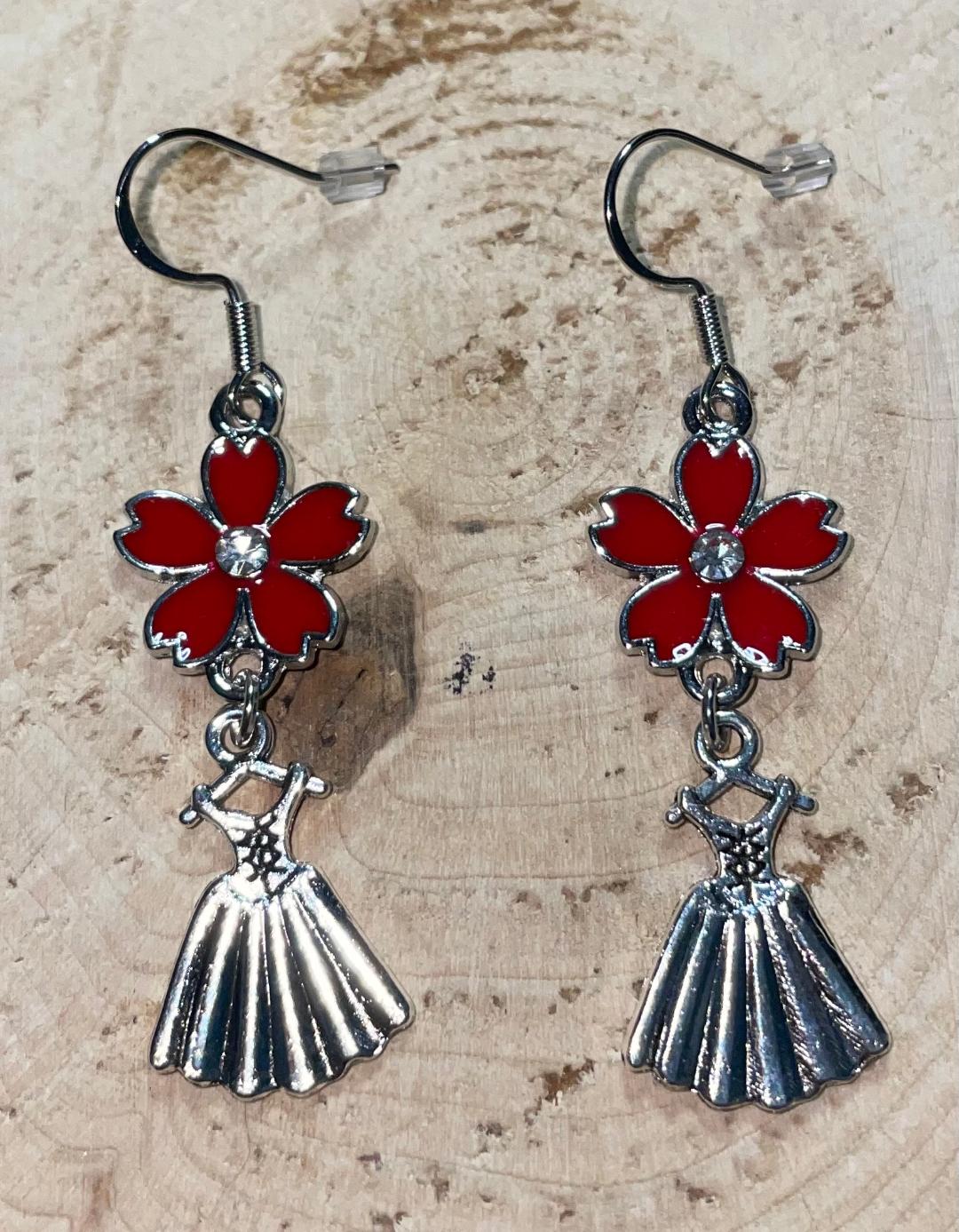 NEW Little Corset Dress & Red Enamel Flower Drop Dangle Earrings