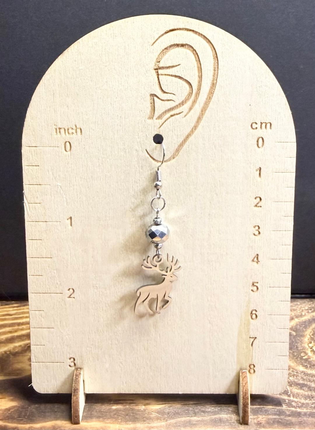 NEW Silver Elk Charm Stainless Steel Earrings w/ Silver Glass Faceted Beads
