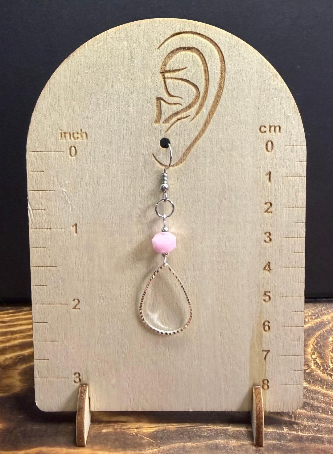 NEW Embossed Silver Teardrop Hoop Earrings w/ Pink Glass Beads