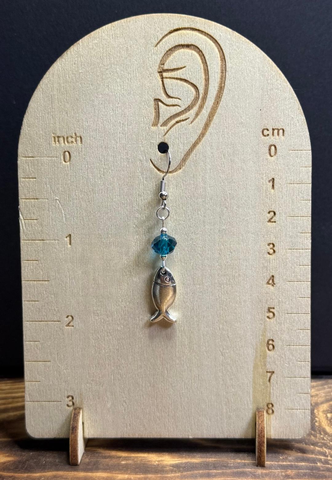 NEW Silver Alloy Fish Charm Earrngs w/ Ocean Blue Glass Beads
