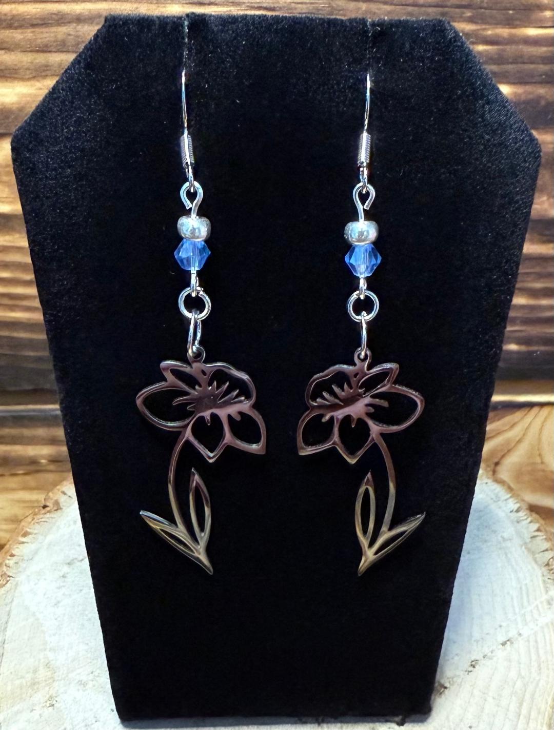 NEW Stainless Steel Silver Hollow Flower Outline Charm & Baby Blue Bead Earrings