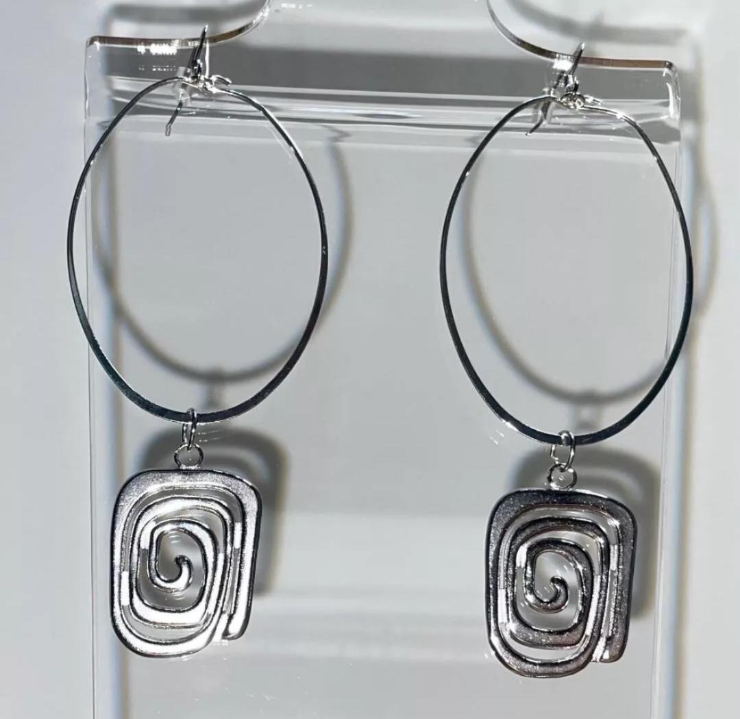 NEW Stainless Steel Geometric Spiral Square Silver Tone Hoop Drop Earrings
