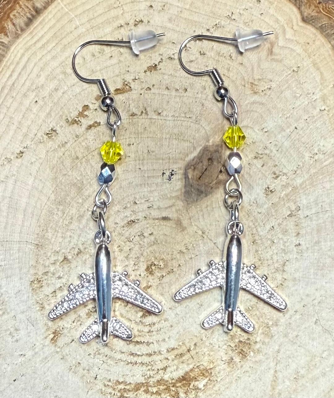 NEW Silver Airplane Rhinestone Charm Earrings w/ Yellow Faceted Glass Beads