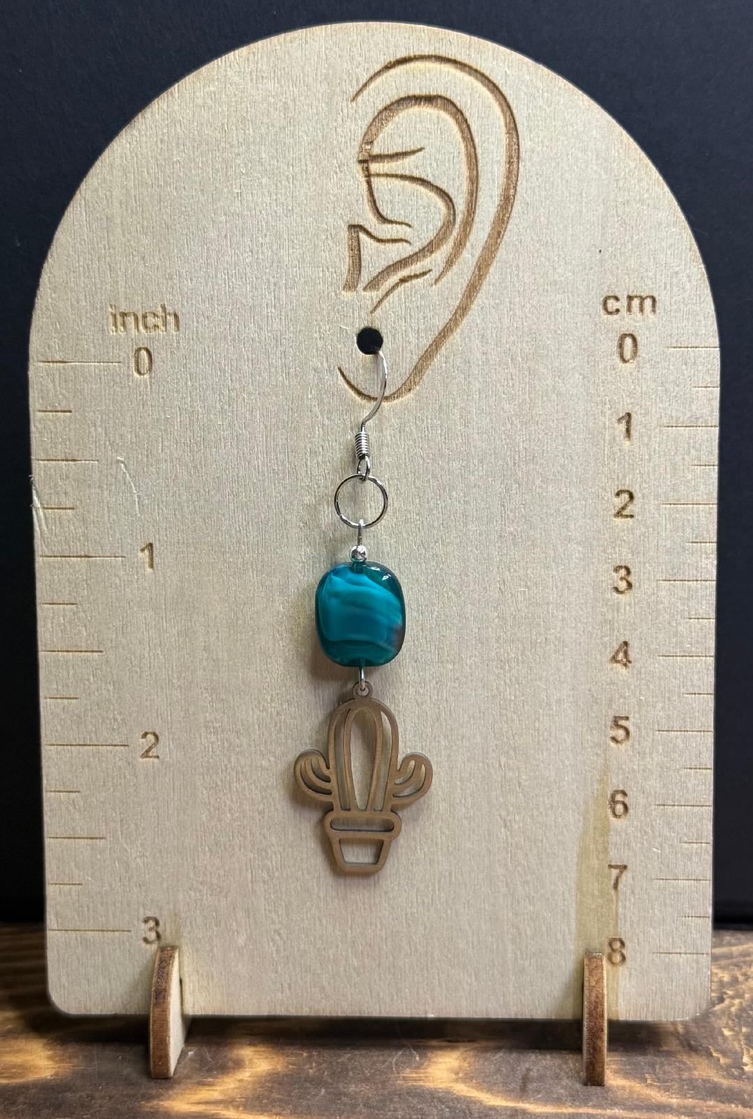 NEW Silver Stainless Steel Hollow Cactus Earrings w/ Aqua Green Swirl Glass Beads