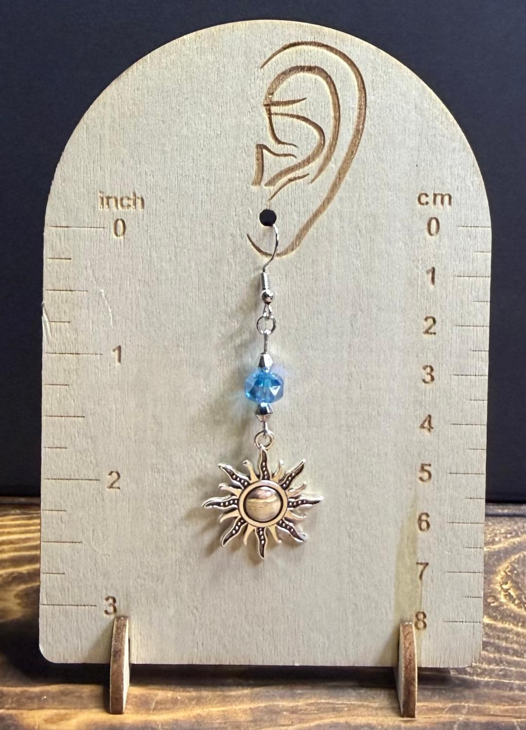 NEW Sunburst Charm Earrings w/ Faceted Glass Teal Blue Beads