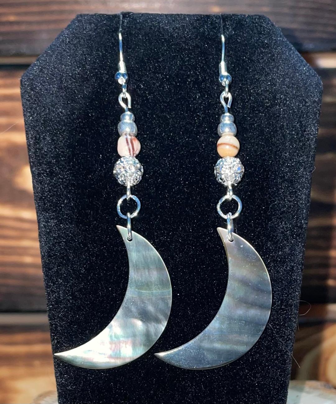 NEW Natural Black Lip Shell Crescent Moon Earrings w/ Marbled & Textured Beads
