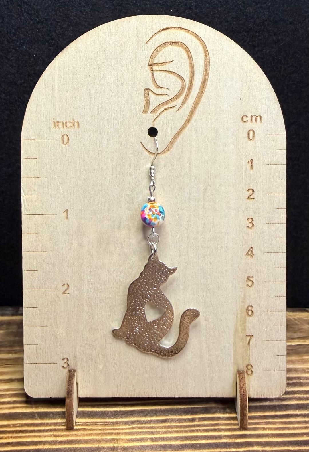 NEW Embossed Silver Cat Earrings w/ Multicolor Beads